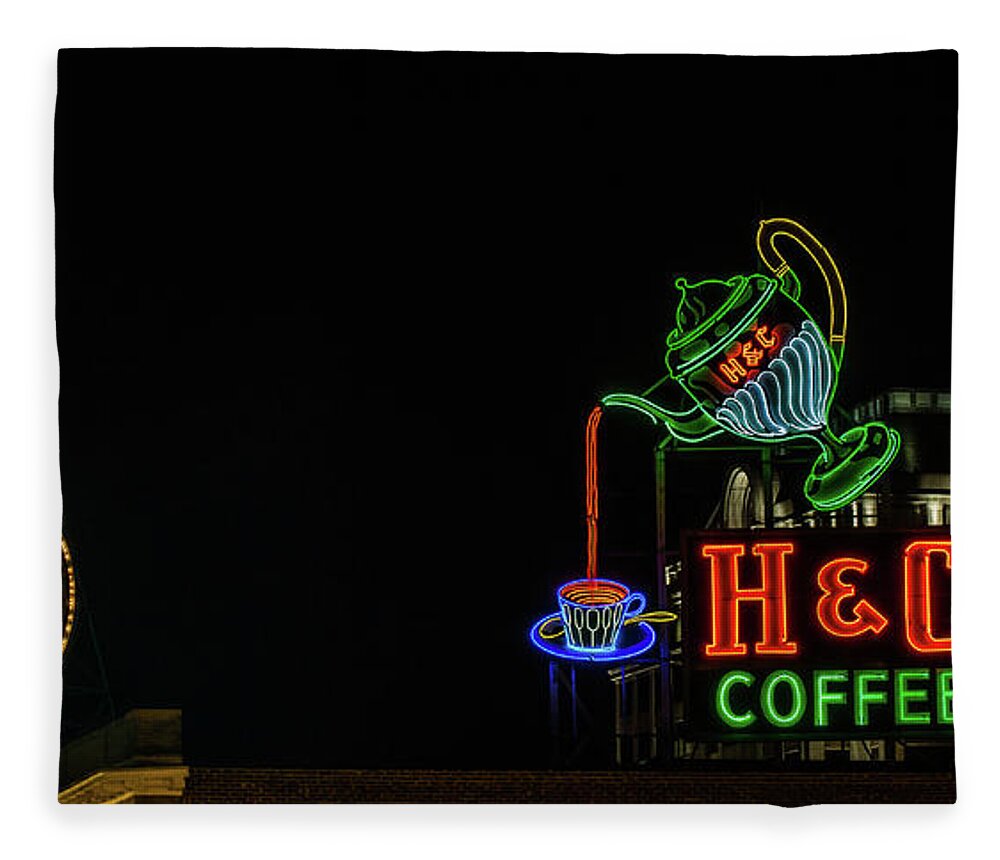 Neon Sign Fleece Blanket featuring the photograph H C Coffee sign and Dr Pepper Roanoke virginia by Julieta Belmont