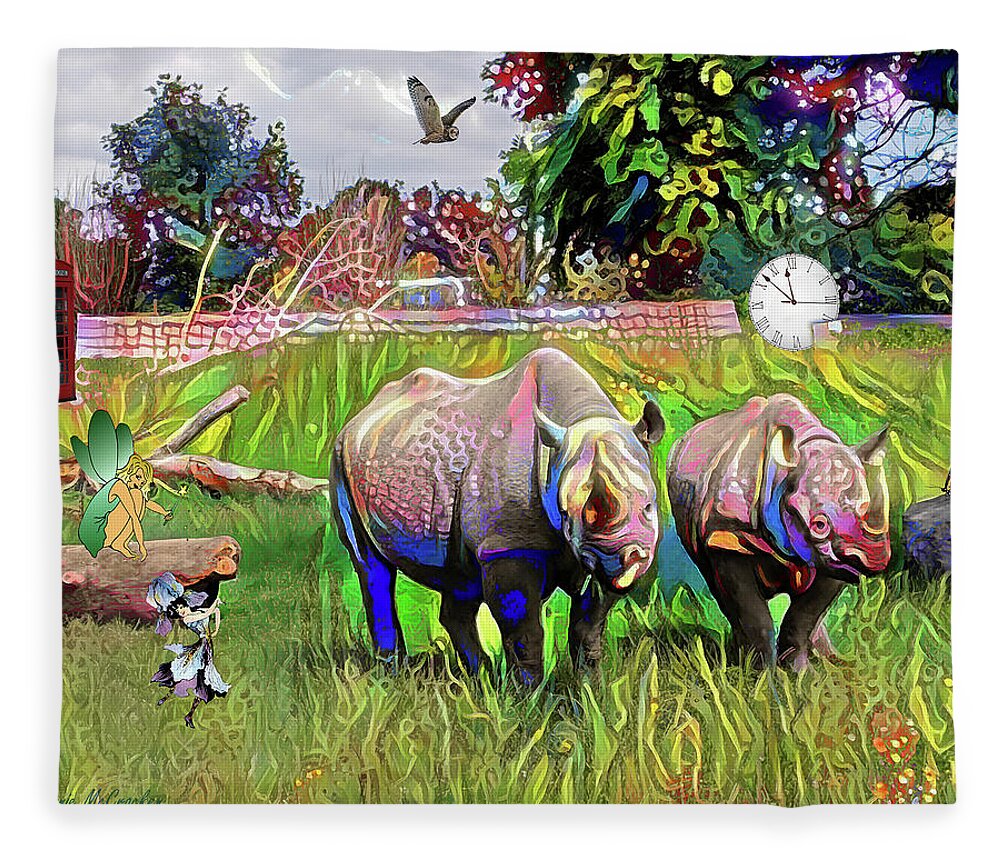 Rhinoceros Fleece Blanket featuring the digital art Hallucination by Pennie McCracken