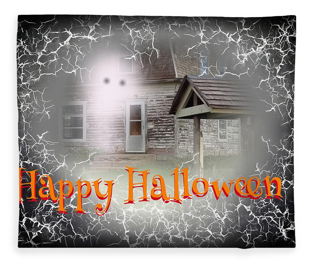Haunted House Fleece Blanket featuring the digital art Haunted House Happy Halloween Card by Delynn Addams