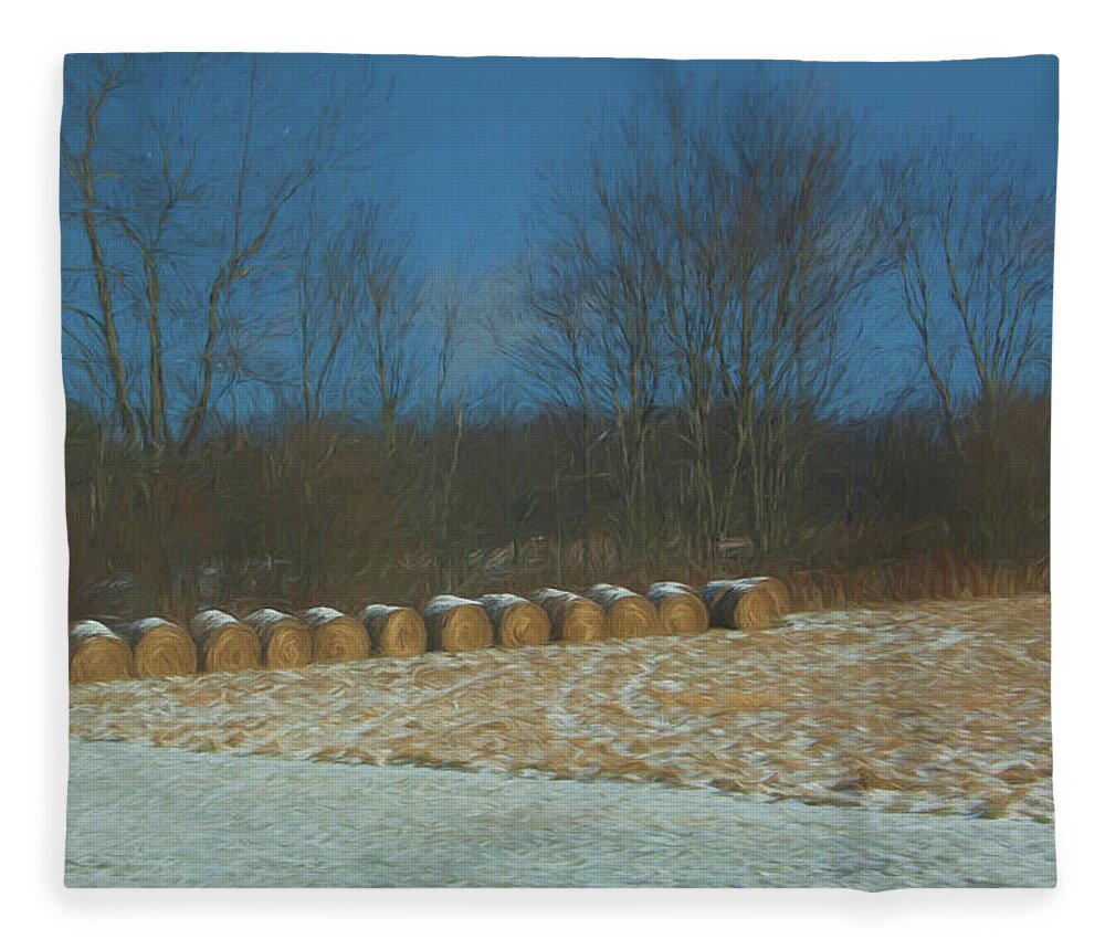 Hay Rolls Fleece Blanket featuring the photograph Hay Rolls In Snow by Alan Goldberg