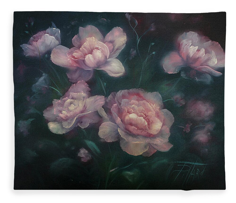 Pink Peonies Fleece Blanket featuring the painting Heavenly Pink Peonies by Lynne Pittard