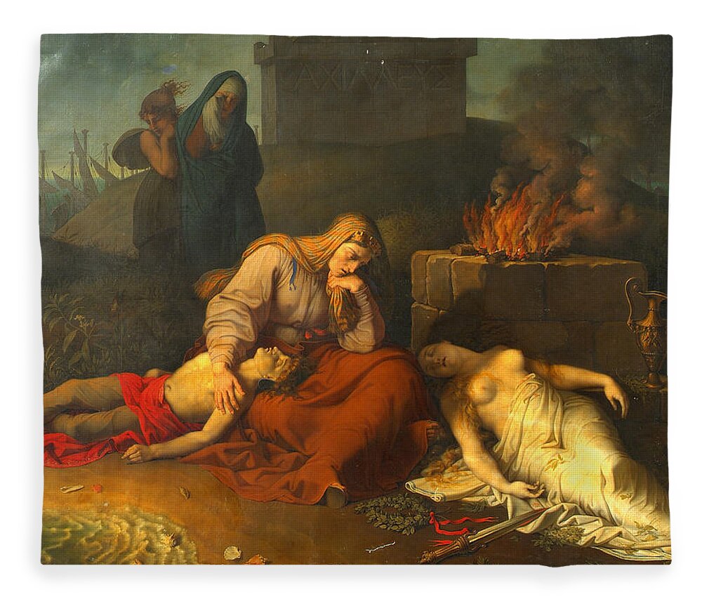 Karl Russ Fleece Blanket featuring the painting Hecabe with the corpses of her children Polyxena and Polydoros at the tomb of Achilles by Karl Russ