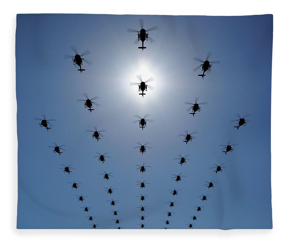 Expertise Fleece Blanket featuring the photograph Helicopter Silhouette In The Sky by Georgo