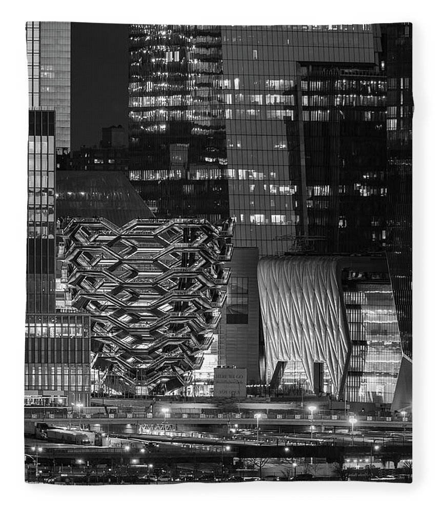 Hudson Yards Fleece Blanket featuring the photograph Hello Hudson Yards NYC BW by Susan Candelario