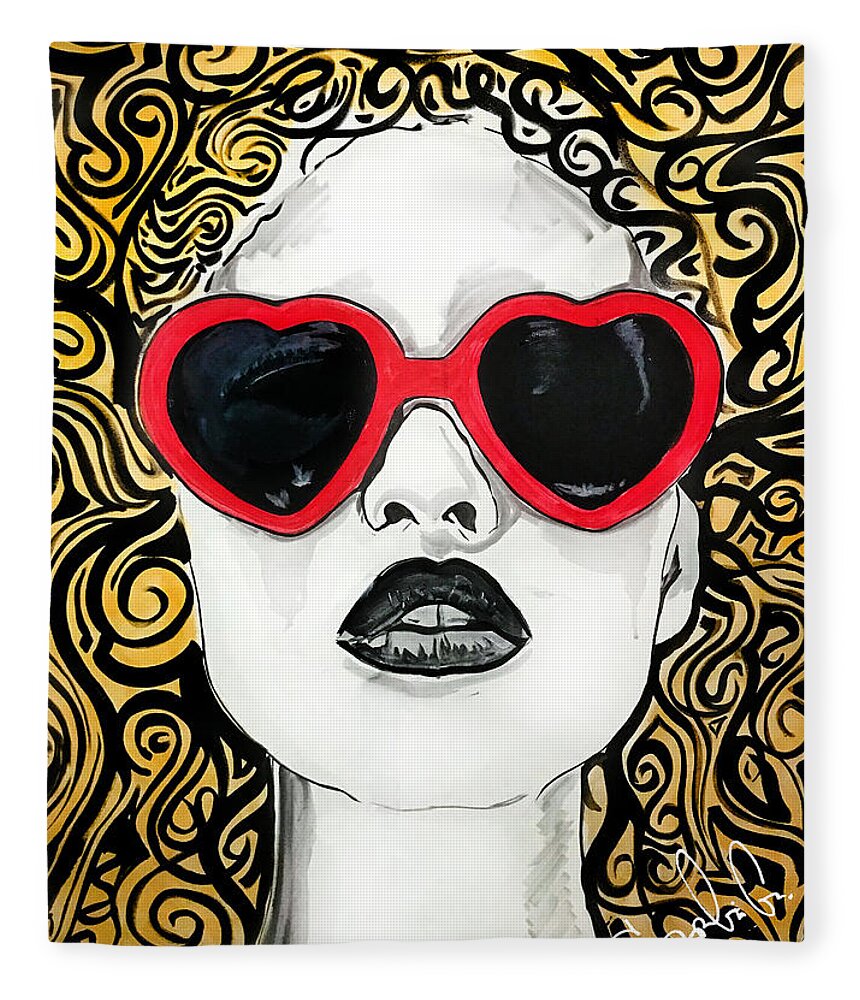 Glasses Heart Hearts Lips Hair Abstract Tribal Woman Lady Girl Female Love Eyes Shades Cool Sexy Mouth Feminine Gold Glitter Hot Fleece Blanket featuring the painting Her hair a buzz, heart glasses just because by Sergio Gutierrez