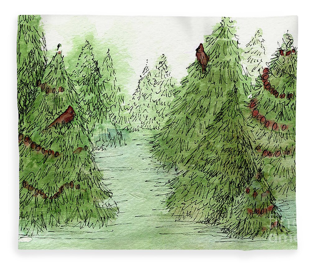 Holiday Trees Fleece Blanket featuring the painting Holiday Trees Woodland Landscape Illustration by Laurie Rohner