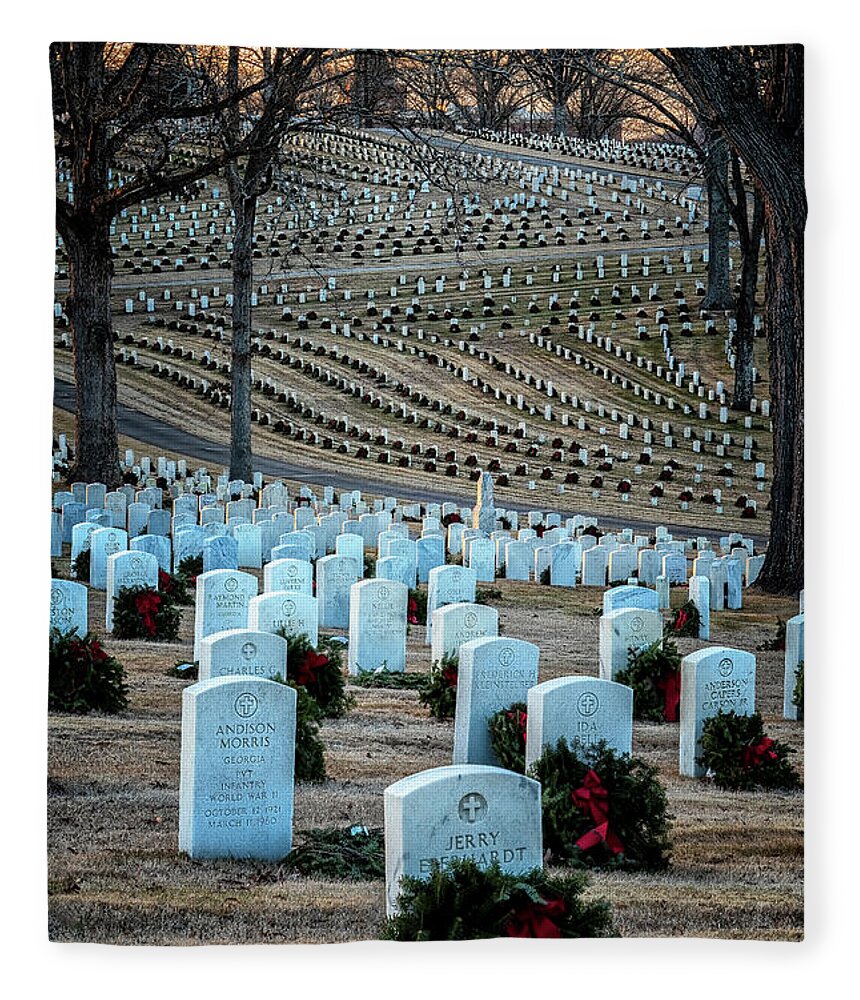 Marietta Georgia Fleece Blanket featuring the photograph Holiday Wreaths At National Cemetery by Tom Singleton