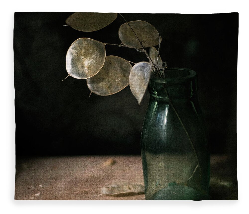 Black Background Fleece Blanket featuring the photograph Honesty Seedheads In Antique Bottle by Jill Ferry