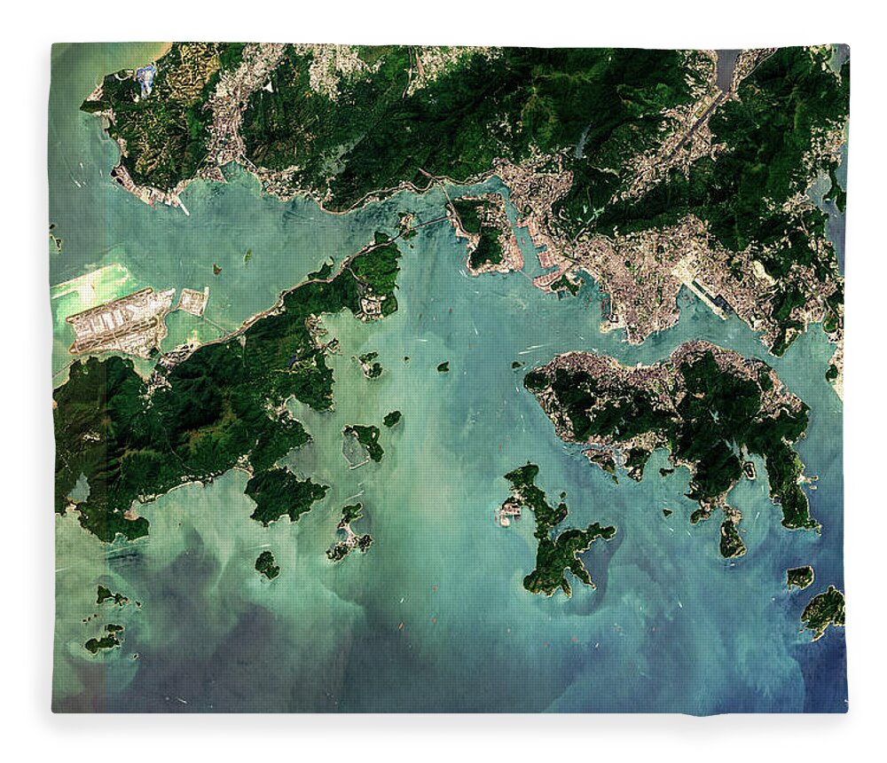 Satellite Image Fleece Blanket featuring the digital art Hong Kong from space by Christian Pauschert