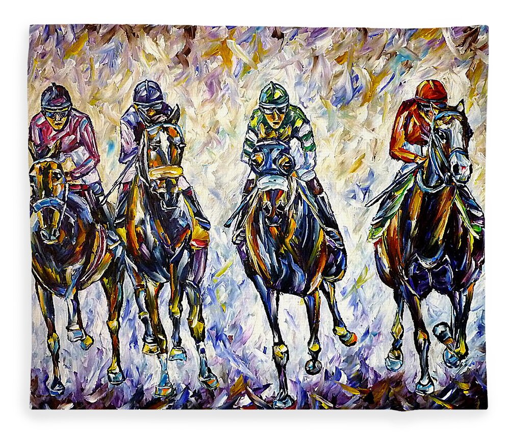 I Love Horses Fleece Blanket featuring the painting Horse Race by Mirek Kuzniar