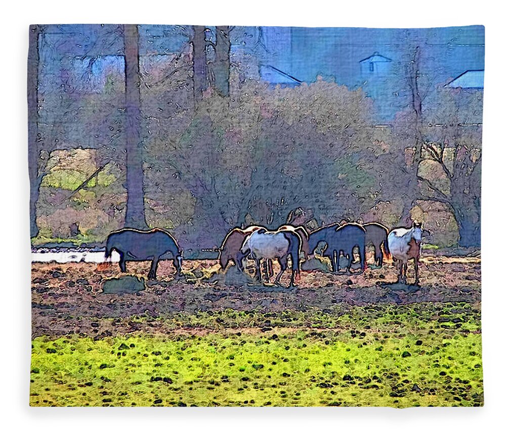 Horse Fleece Blanket featuring the photograph Horses Eating Hay by Robert Bissett