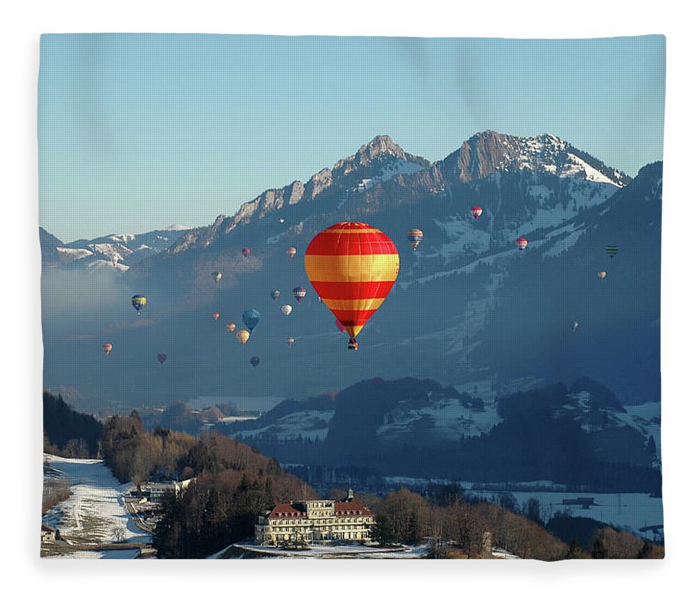 Scenics Fleece Blanket featuring the photograph Hot Air Balloons Swiss Alps by Stevenallan