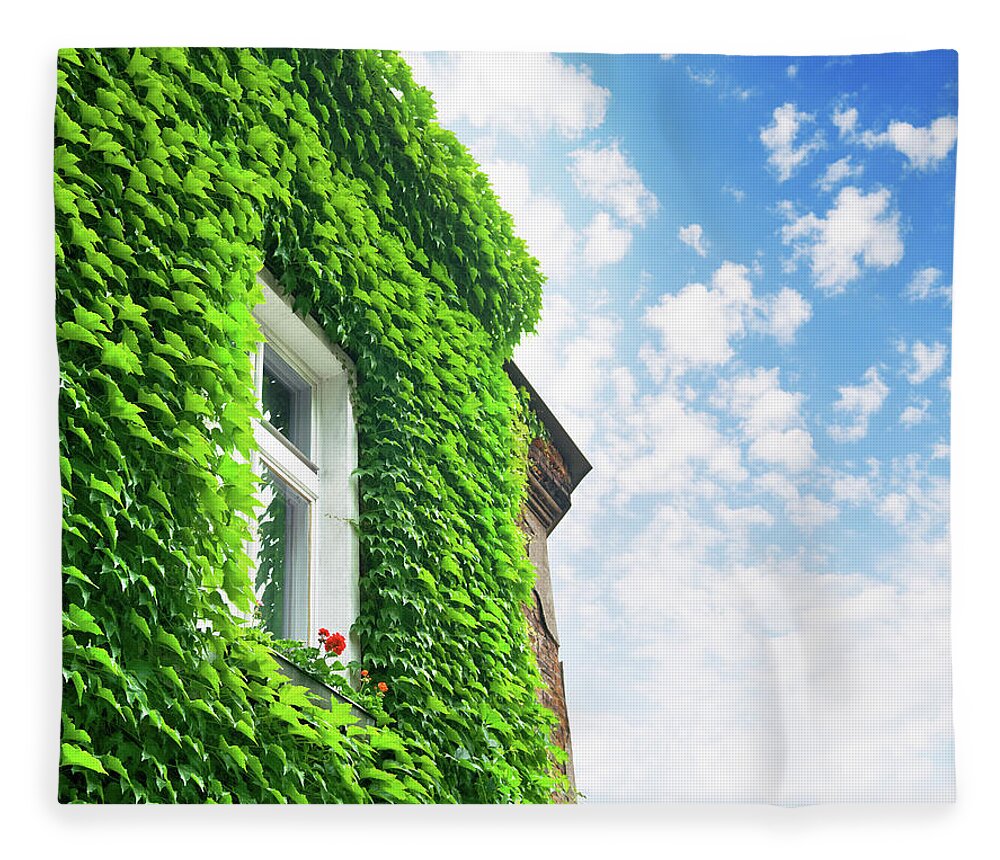 Built Structure Fleece Blanket featuring the photograph House Covered With Green Ivy Foliage by Spooh