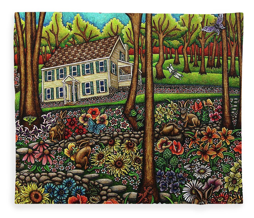 Hare Fleece Blanket featuring the painting House In The Meadow by Amy E Fraser