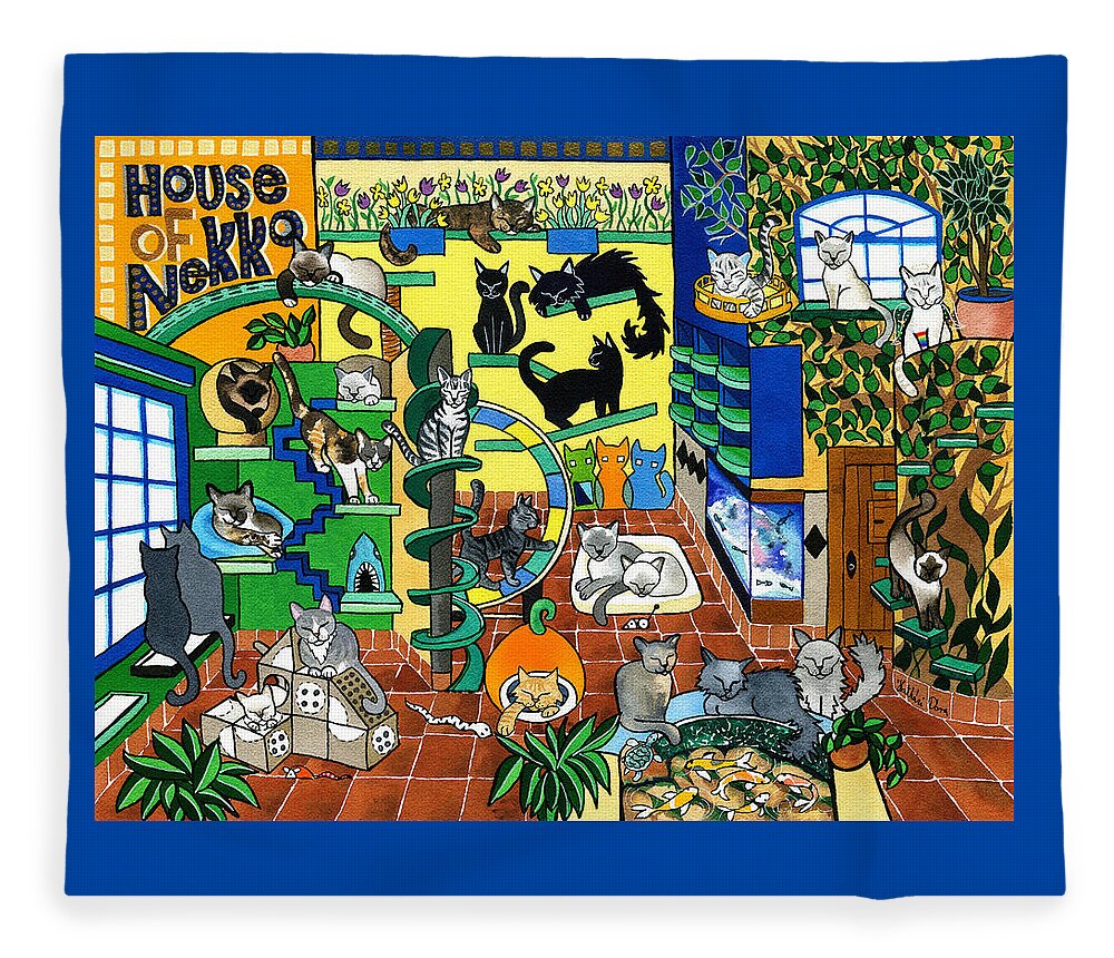 Cat Paintings Fleece Blanket featuring the painting House Of Nekko by Dora Hathazi Mendes