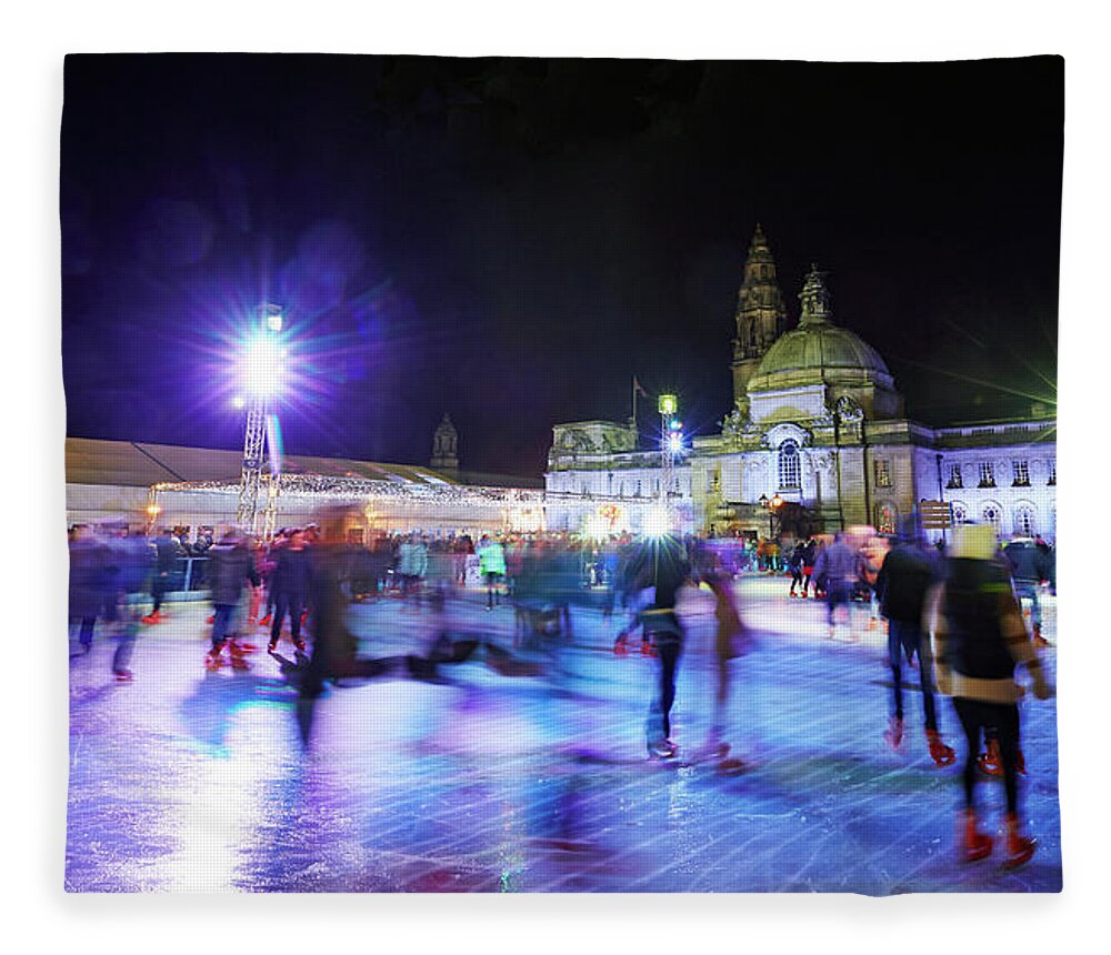 People Fleece Blanket featuring the photograph Ice Rink With Cardiff City Hall by Allan Baxter