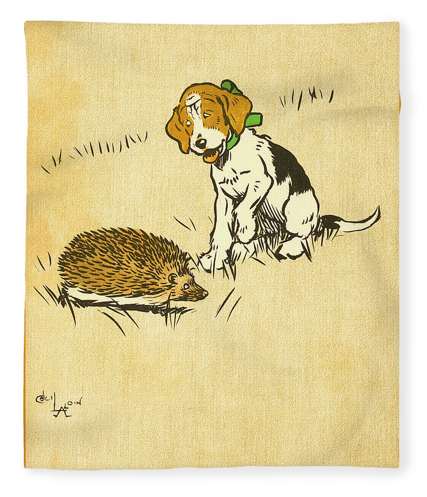 Book Illustration Fleece Blanket featuring the drawing Puppy and Hedgehog, illustration of by Cecil Aldin