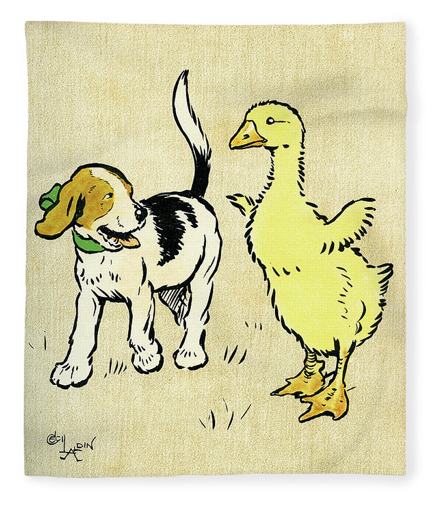 Puppy Fleece Blanket featuring the mixed media Illustration of puppy and gosling by Cecil Aldin