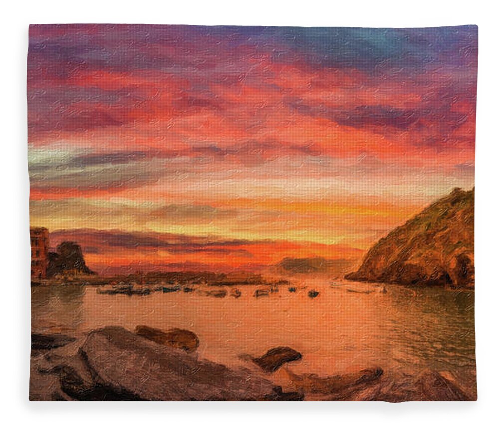 Cinque Fleece Blanket featuring the photograph ILLUSTRATION, sunset on Italian sea village by Vivida Photo PC