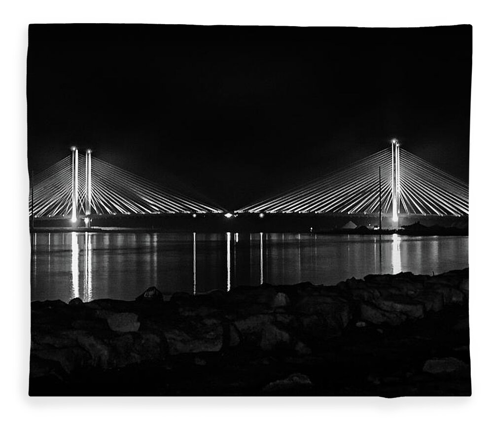Indian River Bridge Fleece Blanket featuring the photograph Indian River Bridge After Dark in Black and White by Bill Swartwout