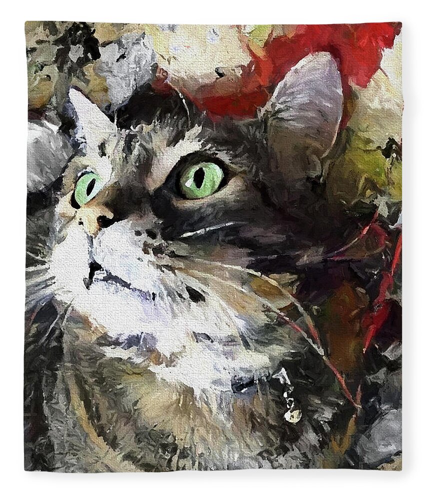Manx Cat Fleece Blanket featuring the digital art Jack the Green Eyed Manx Cat by Peggy Collins