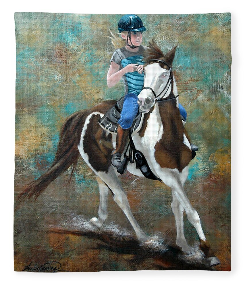 Horse Fleece Blanket featuring the painting Jakey and Me by Adrienne Dye