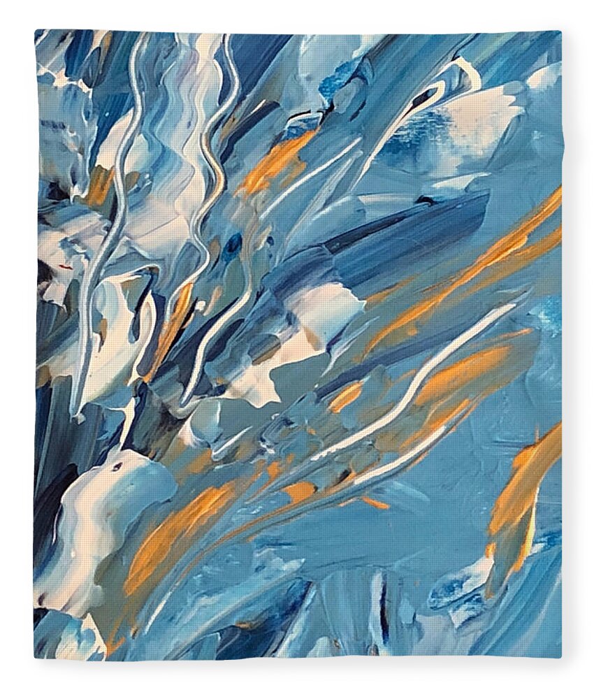 Garden Blue Gold Sea. Sky Fleece Blanket featuring the painting Jardin bleu by Medge Jaspan