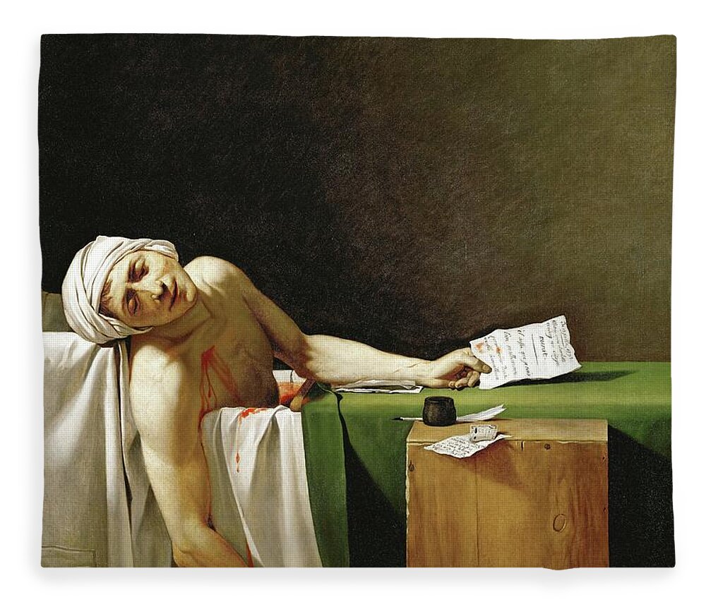 Paul Marat, dead in his bathtub, assassinated by Charlotte Corday in 1793. Fleece Blanket by Louis David -1748-1825- - Pixels