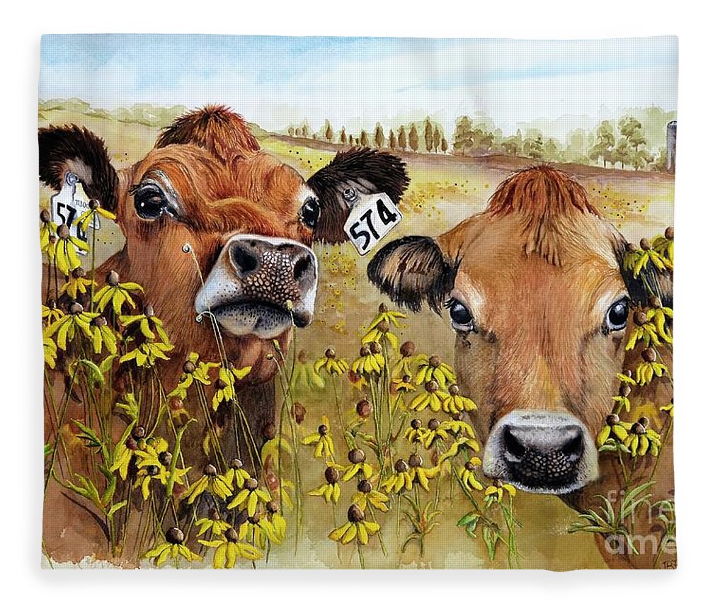 Cows Fleece Blanket featuring the painting Jersey Girls by Jeanette Ferguson