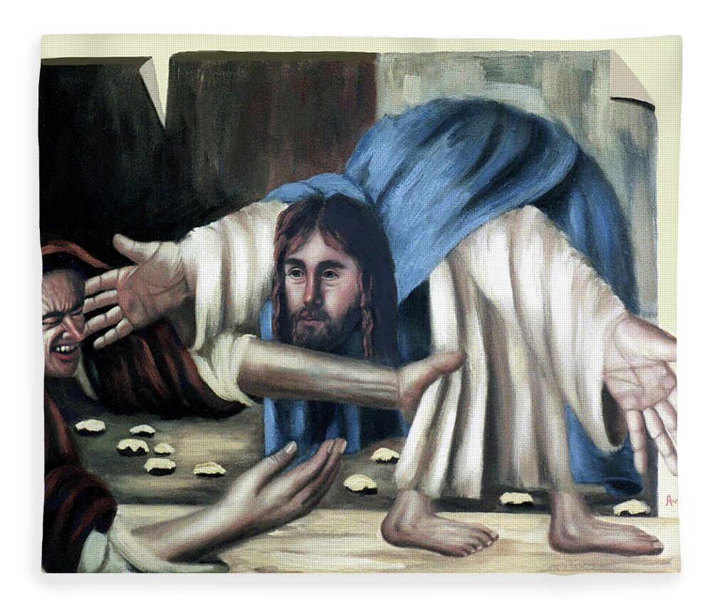 Cubism Fleece Blanket featuring the painting Jesus And The Old Lady by Anthony Falbo
