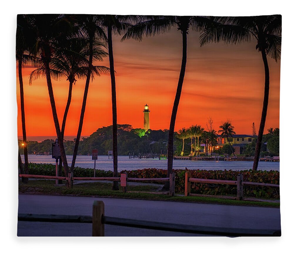 Jupiter Lighthouse Fleece Blanket featuring the photograph Jupiter Inlet Lighthouse and Museum Sunset Red Colors by Kim Seng