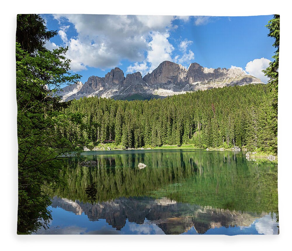 Nature Fleece Blanket featuring the photograph Karersee and Rosengarten group by Andreas Levi