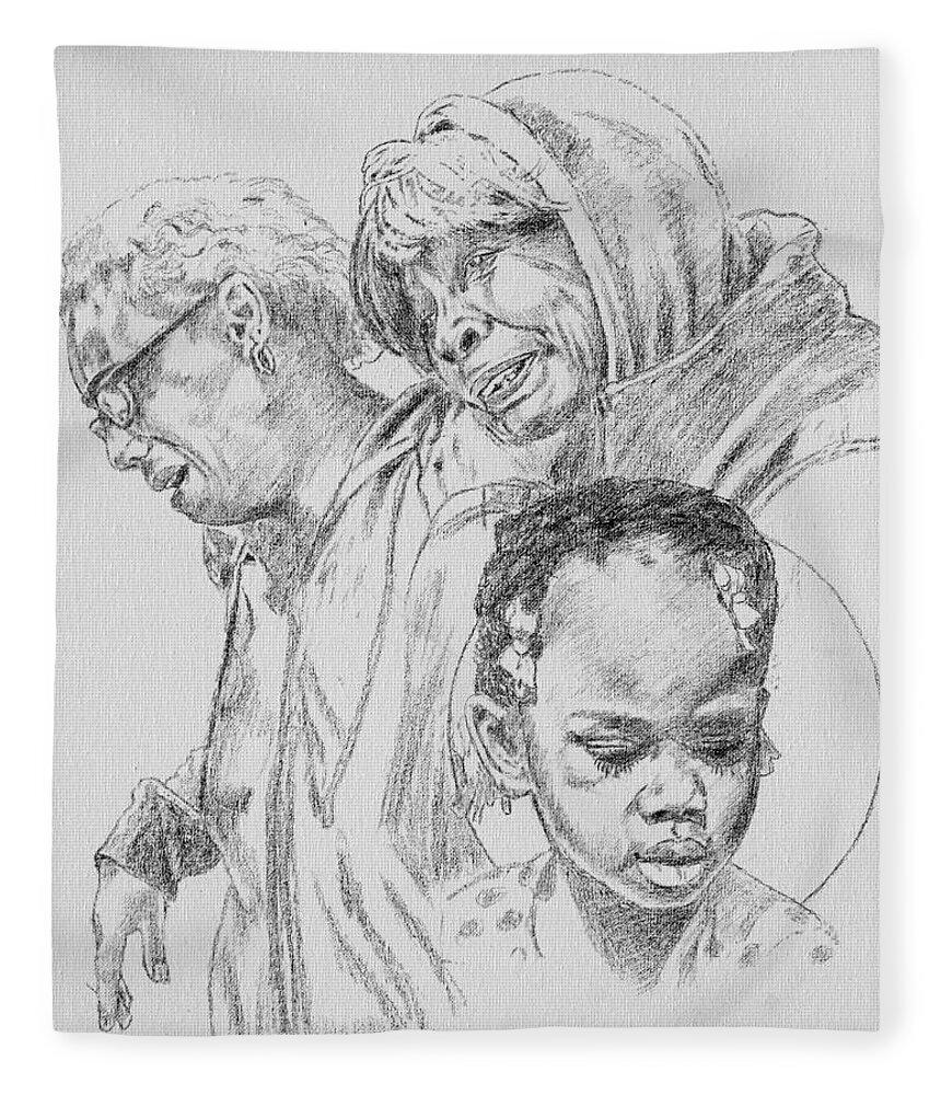 Young Girl Fleece Blanket featuring the drawing Kennedi Powell and Grandmother by John Lautermilch