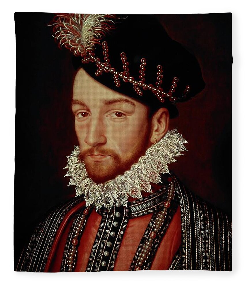 16 16th Xvi Xvith Sixteenth Century Fleece Blanket featuring the painting King Charles IX of France 1550-74, 1561, oil on panel. by Francois Clouet -c 1520-1572-