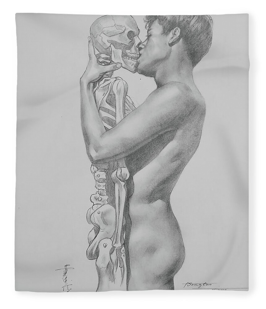Male Nude Fleece Blanket featuring the drawing Kiss #19325 by Hongtao Huang