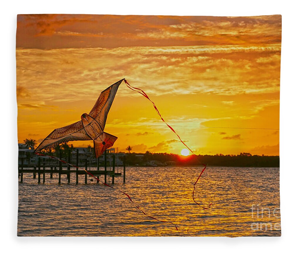 Kite Fleece Blanket featuring the photograph Kite at Key Largo Sunset by Catherine Sherman