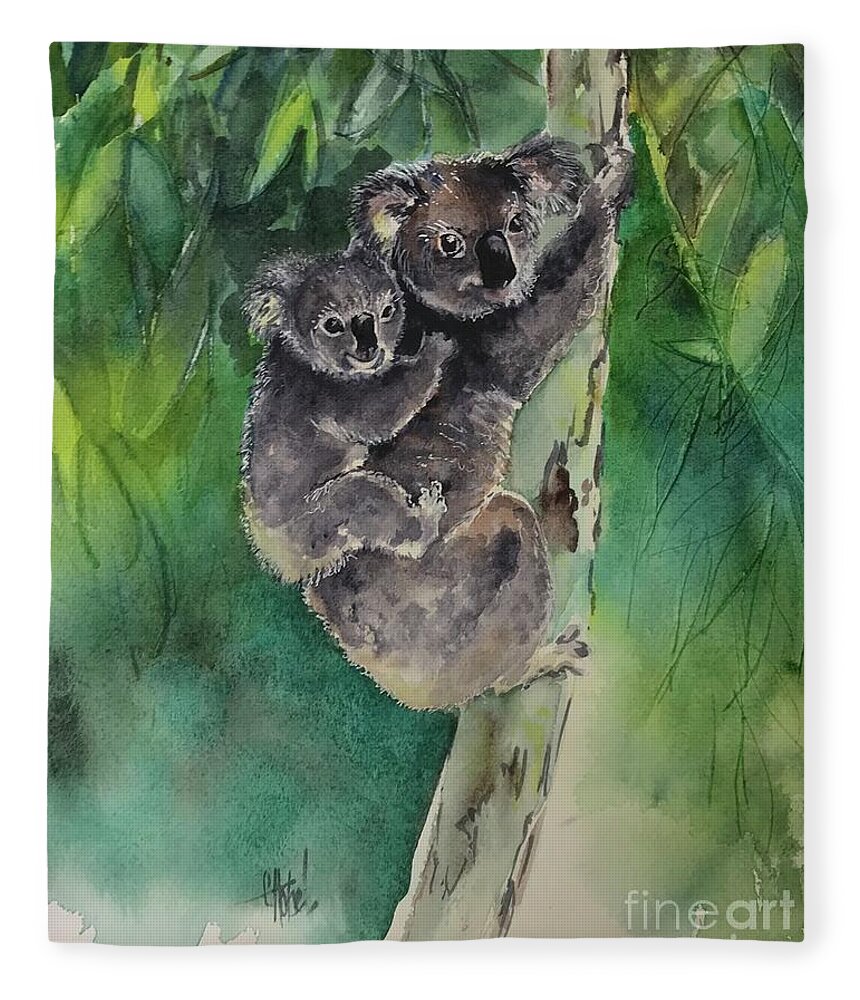 Koala Fleece Blanket featuring the painting Koala Forest by Chris Hobel