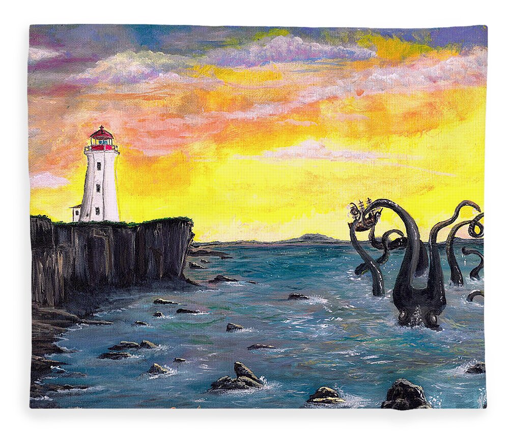 Lighthouse Fleece Blanket featuring the painting Kraken by the Lighthouse by Annalisa Rivera-Franz