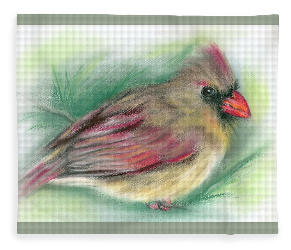 Bird Fleece Blanket featuring the painting Lady Cardinal in the Pine by MM Anderson