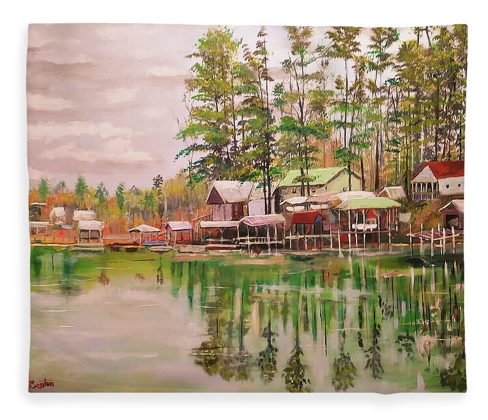 Lake Houses By The Lake Fleece Blanket featuring the painting Lake Martin by Mike Benton