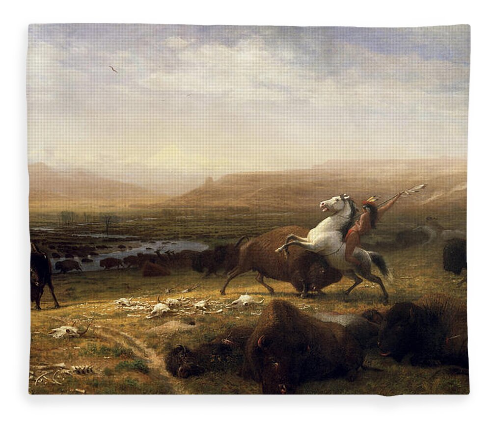 Bufalo Fleece Blanket featuring the painting Last of the Buffalo Hunt by Troy Caperton