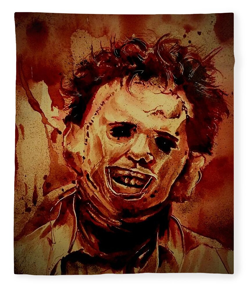 Ryanalmighty Fleece Blanket featuring the painting LEATHERFACE fresh blood by Ryan Almighty