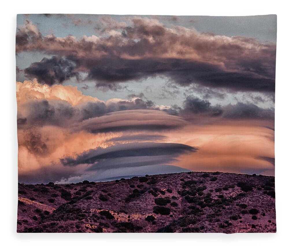 Linda Brody Fleece Blanket featuring the digital art Lenticular Clouds at Sunset 1 by Linda Brody