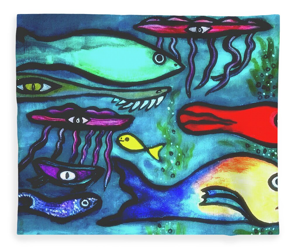 Fish Fleece Blanket featuring the painting Leo Swims Against the Stream Go Leo Go by Mimulux Patricia No