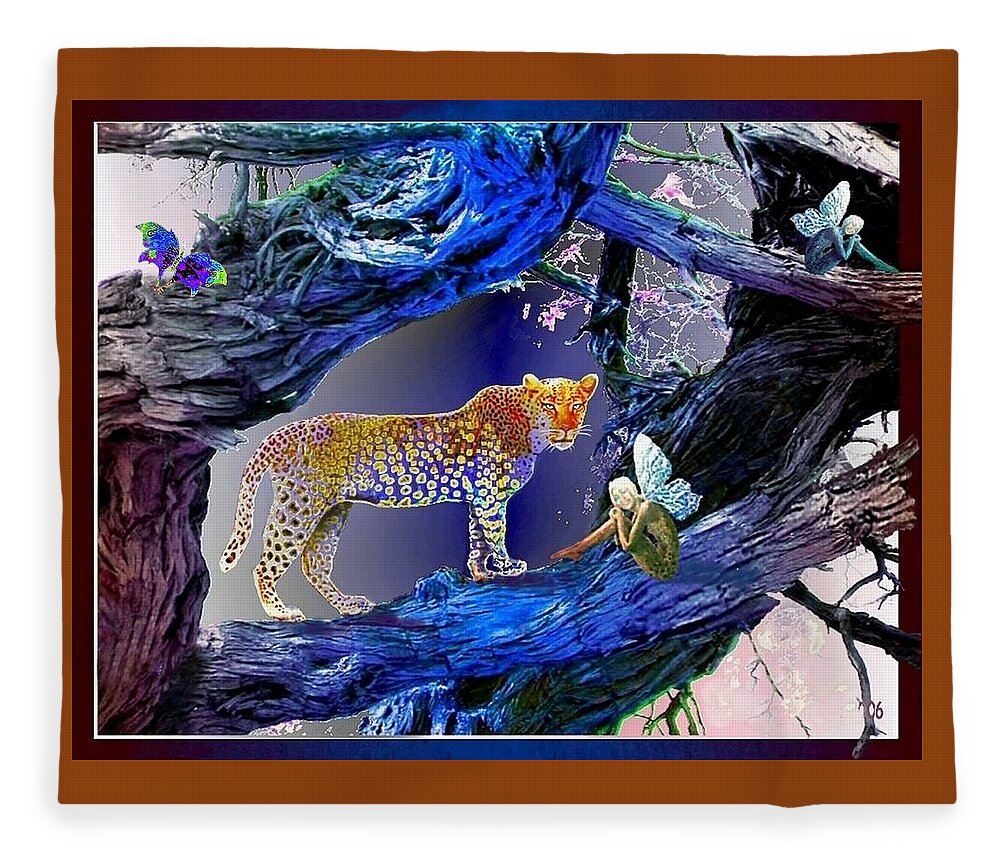 Leopard Fleece Blanket featuring the mixed media Leopard Dreaming by Hartmut Jager