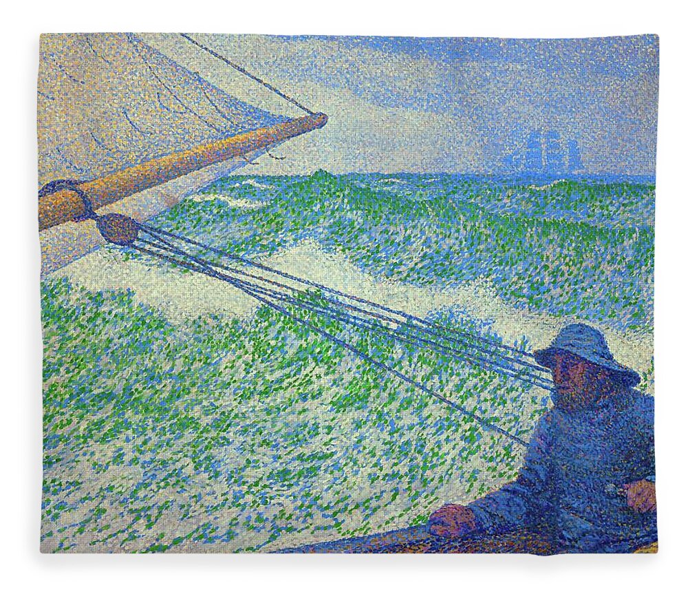 Theo Van Rysselberghe Fleece Blanket featuring the painting L'homme a la barre - Man at the helm. Canvas -1892- 60.2 x 80.3 cm R.F. 1976-79. by Theo van Rysselberghe -1862-1926-