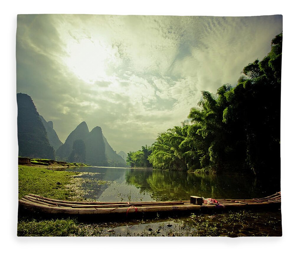 Scenics Fleece Blanket featuring the photograph Li River Raft by James D Rogers