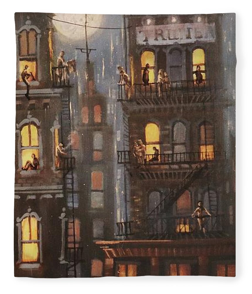City Scene Fleece Blanket featuring the painting Life Above Angelo's by Tom Shropshire