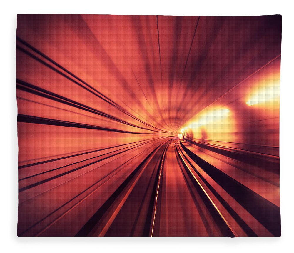 Curve Fleece Blanket featuring the photograph Lights On The Tunnel - Motion Blur by Franckreporter
