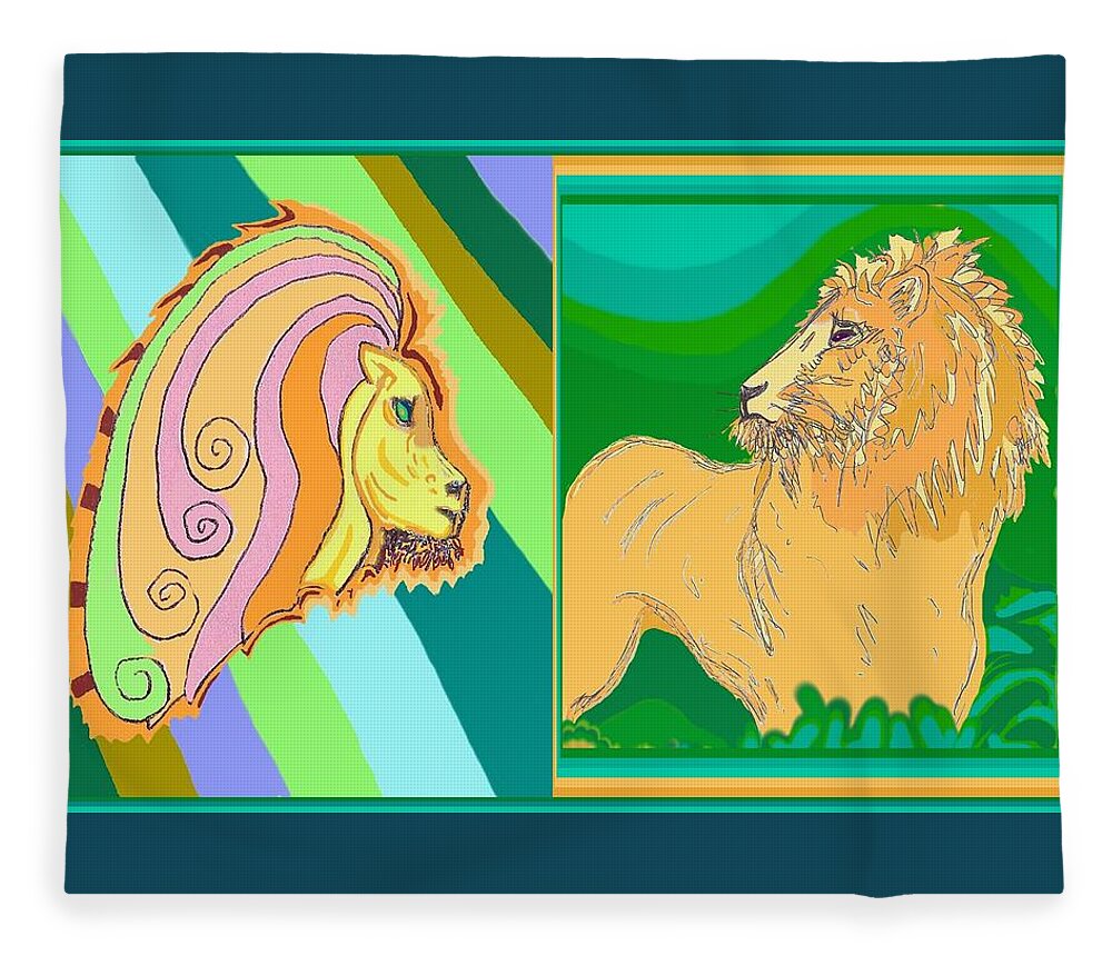 Lion Fleece Blanket featuring the drawing Lion Pair cool by Julia Woodman